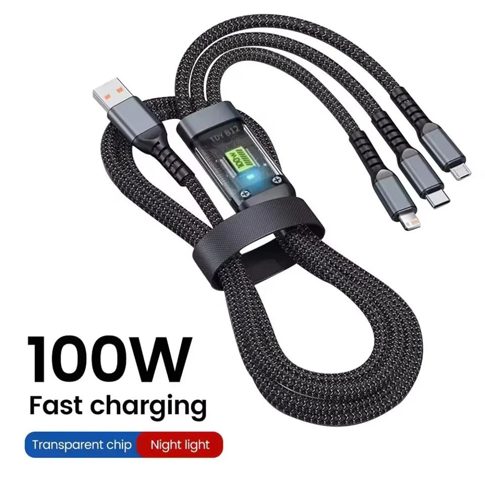 3in1 100W Fast Charging Cable With LED Indicator USBC Micro USB Lightning Universal Charger 4