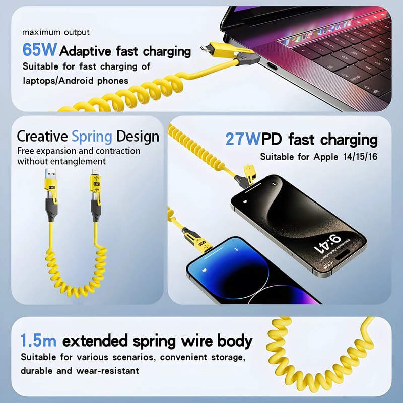 65W 4in1 Spring USB Charging Cable With Fast Charging Support 2