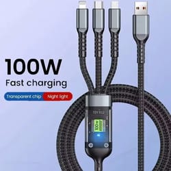 100w transparent 3-in-1 super fast charging cable with led indicator – type-c, micro usb & lightning