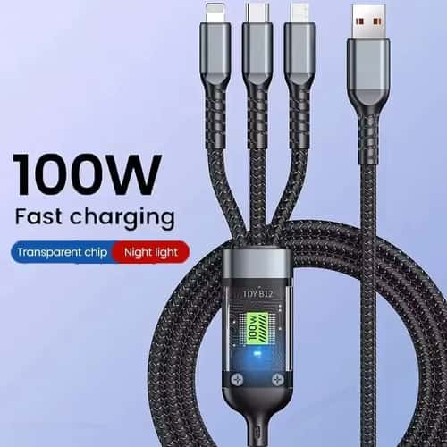 100W Transparent 3-in-1 Super Fast Charging Cable with LED Indicator – Type-C, Micro USB & Lightning