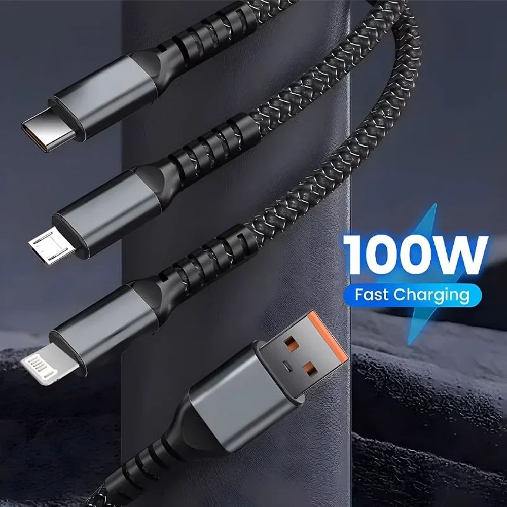 100W Transparent 3in1 Super Fast Charging Cable With LED Indicator TypeC Micro USB Lightning 3