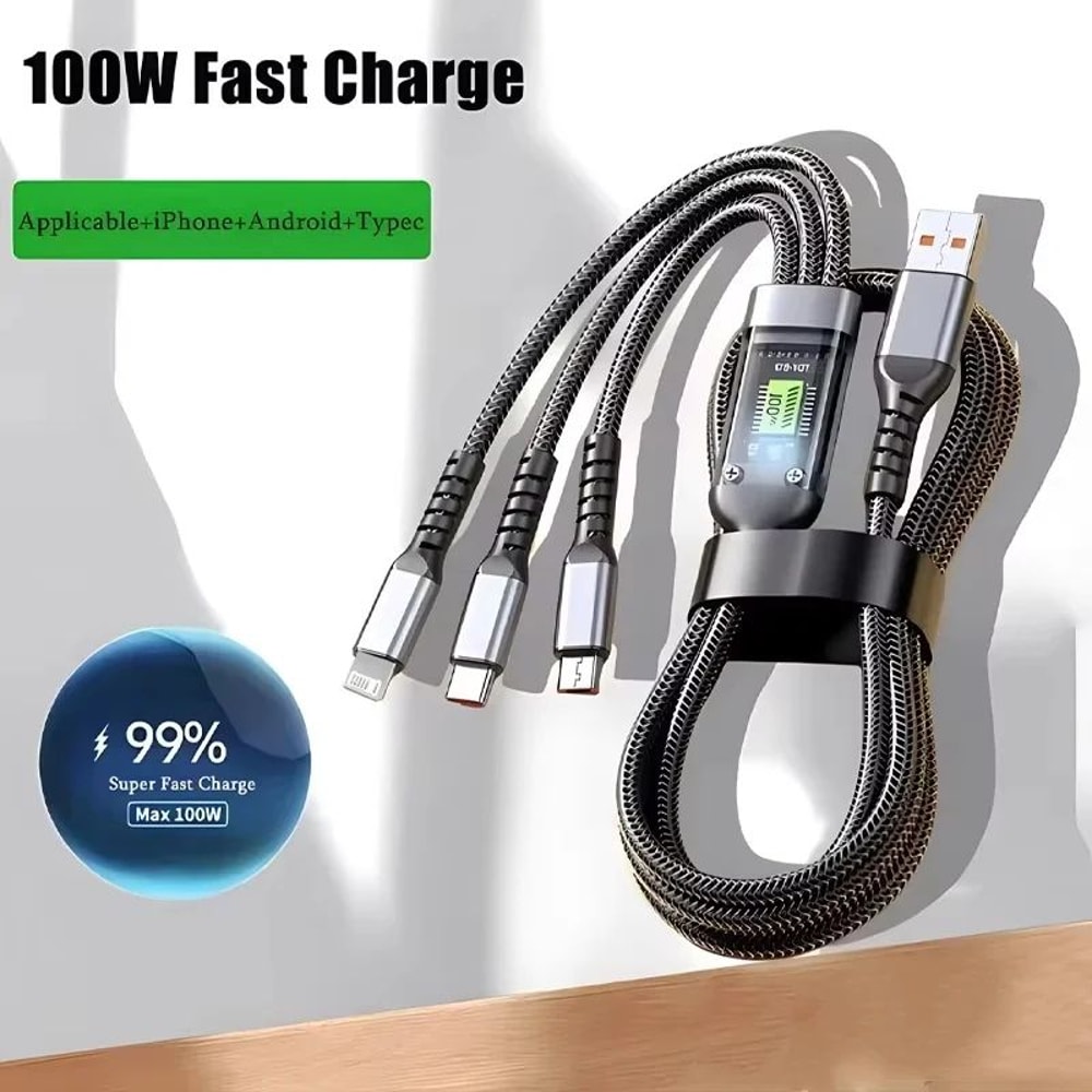 100W Transparent 3in1 Super Fast Charging Cable With LED Indicator TypeC Micro USB Lightning 4