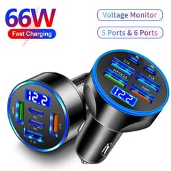 66w fast charge multi-port usb car charger with digital voltage display
