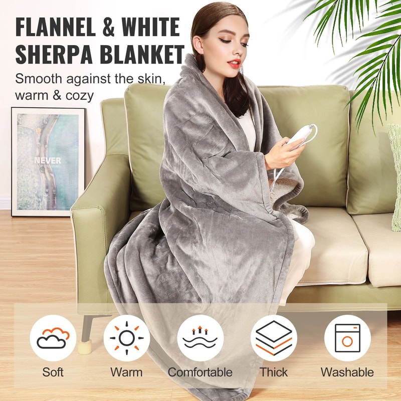 SucceBuy Electric Heated Throw Blanket With Timer Soft Flannel Sherpa Comfort 5 Heat Levels 2