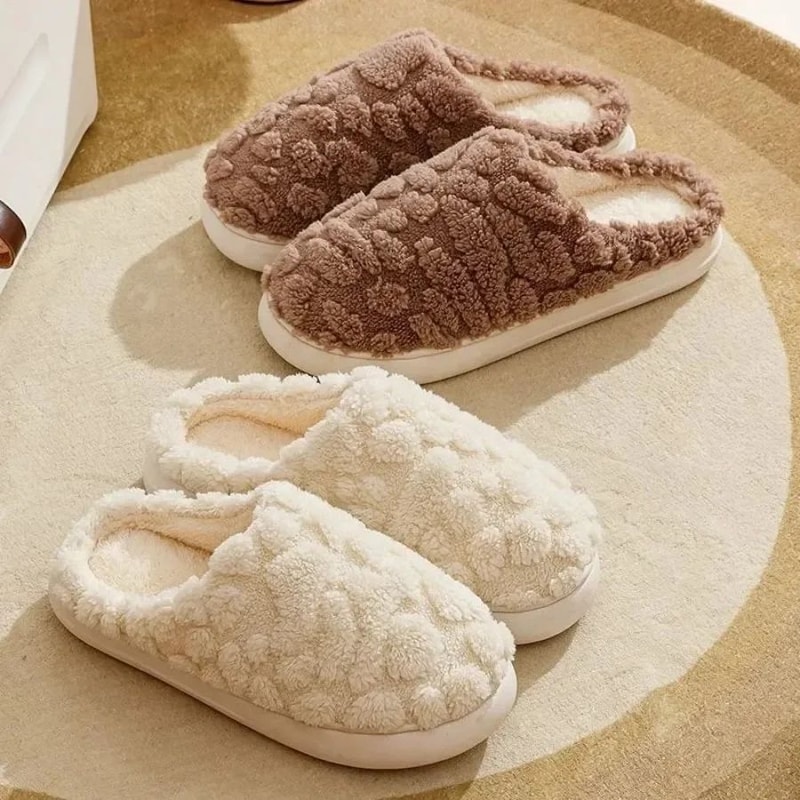 Warm Cotton House Slippers For Women Couples Soft Fluffy Indoor Flat Shoes 2