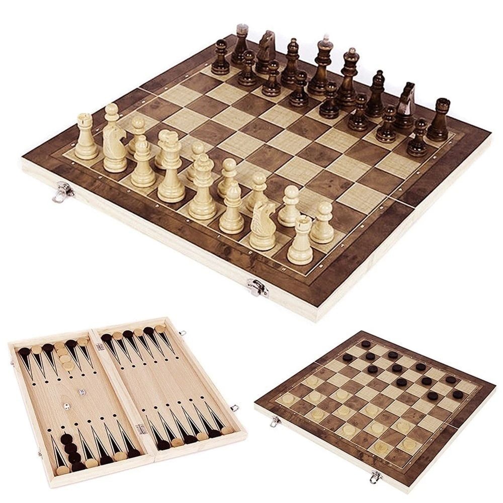 3in1 Folding Wooden Chess Board Game Set With Storage Chess Checkers Backgammon 0
