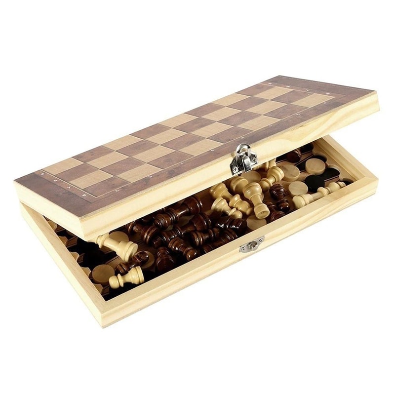 3in1 Folding Wooden Chess Board Game Set With Storage Chess Checkers Backgammon 3