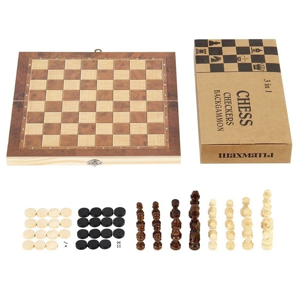 3in1 Folding Wooden Chess Board Game Set With Storage Chess Checkers Backgammon 4