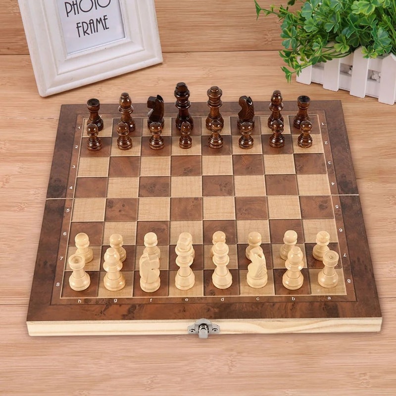 3in1 Folding Wooden Chess Board Game Set With Storage Chess Checkers Backgammon 5