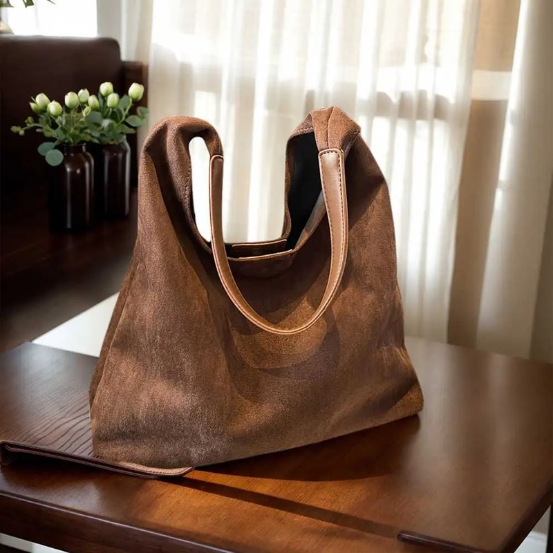 Vintage Suede Hobo Shoulder Bag Large Capacity Retro Work Tote For Women 4