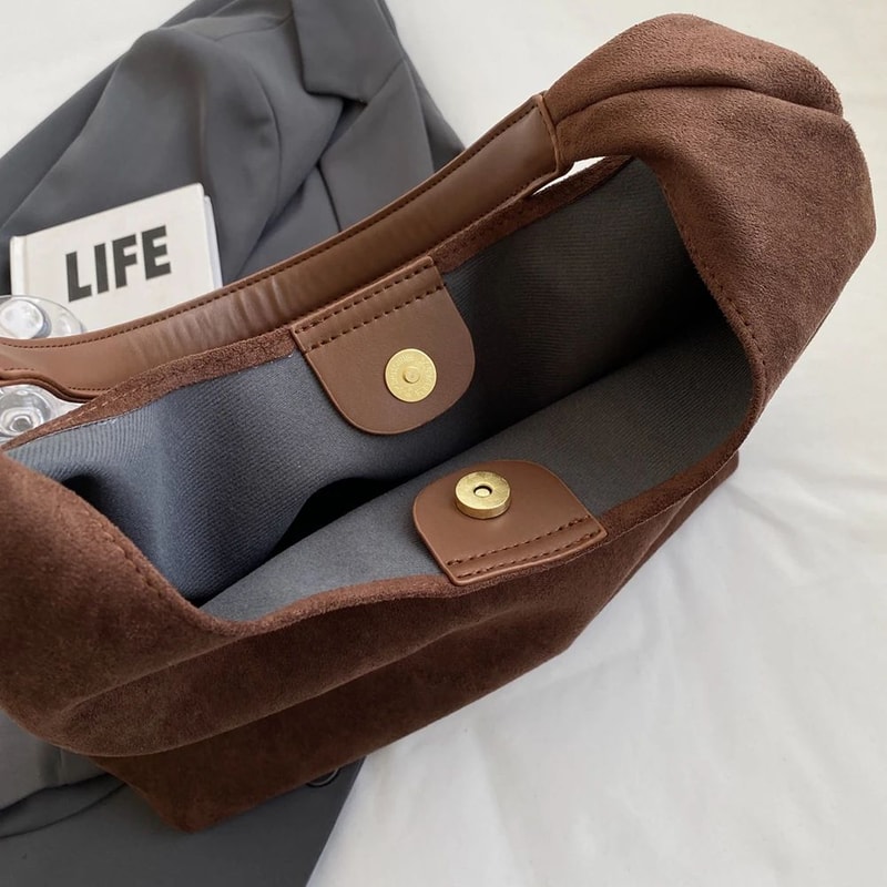 Vintage Suede Hobo Shoulder Bag Large Capacity Retro Work Tote For Women 6