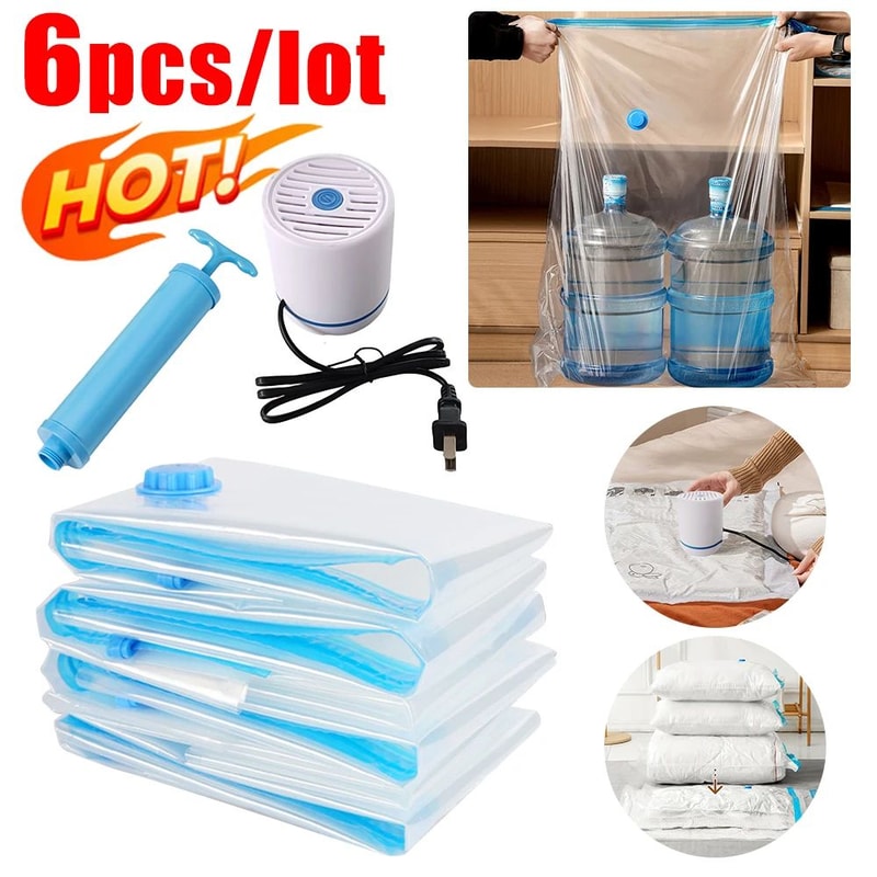 6Piece Vacuum Storage Bags With Electric Pump SpaceSaving Compression Bags For Clothes Bedding 0