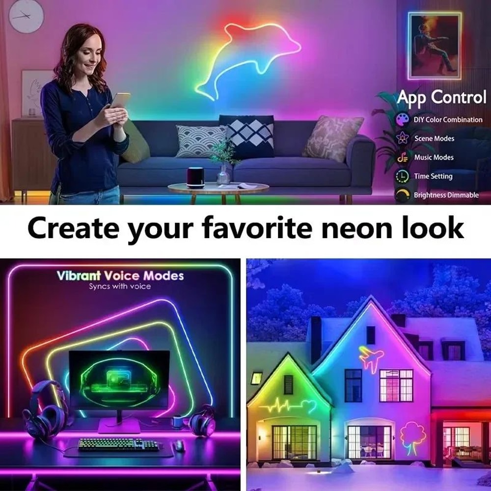 RGBIC Neon LED Strip Lights With Music Sync Flexible Dreamcolor Neon Rope For Home Decor Gaming 5