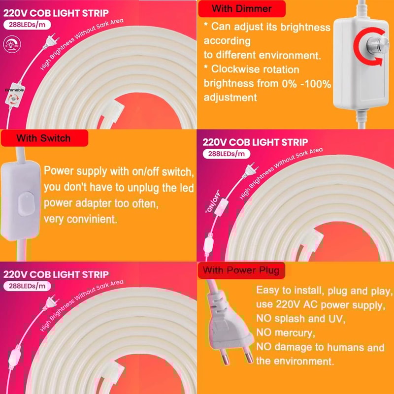 COB Neon LED Strip Light Kit With Dimmer Plug Flexible 220V Ambient Decor Lighting 1