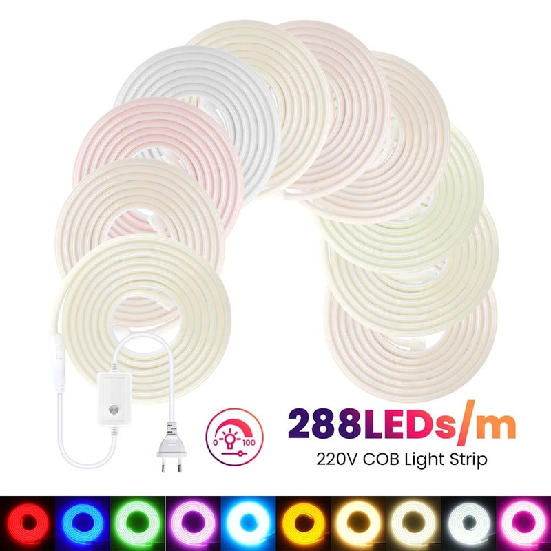 COB Neon LED Strip Light Kit With Dimmer Plug Flexible 220V Ambient Decor Lighting 2