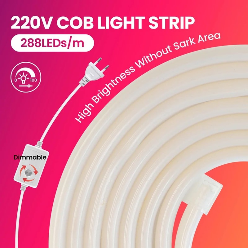 COB Neon LED Strip Light Kit With Dimmer Plug Flexible 220V Ambient Decor Lighting 7