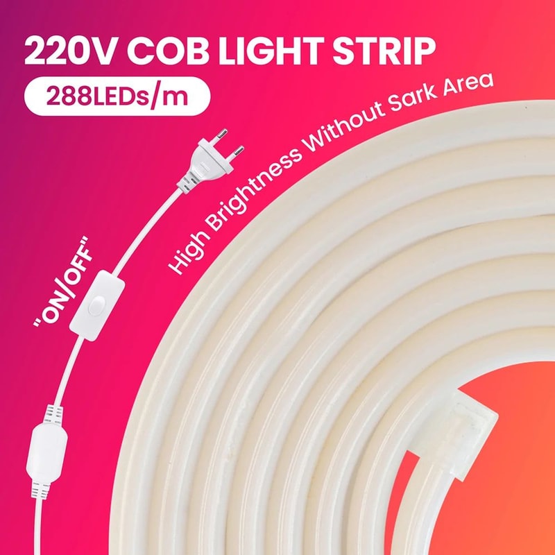 COB Neon LED Strip Light Kit With Dimmer Plug Flexible 220V Ambient Decor Lighting 8
