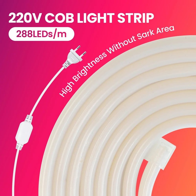 COB Neon LED Strip Light Kit With Dimmer Plug Flexible 220V Ambient Decor Lighting 6