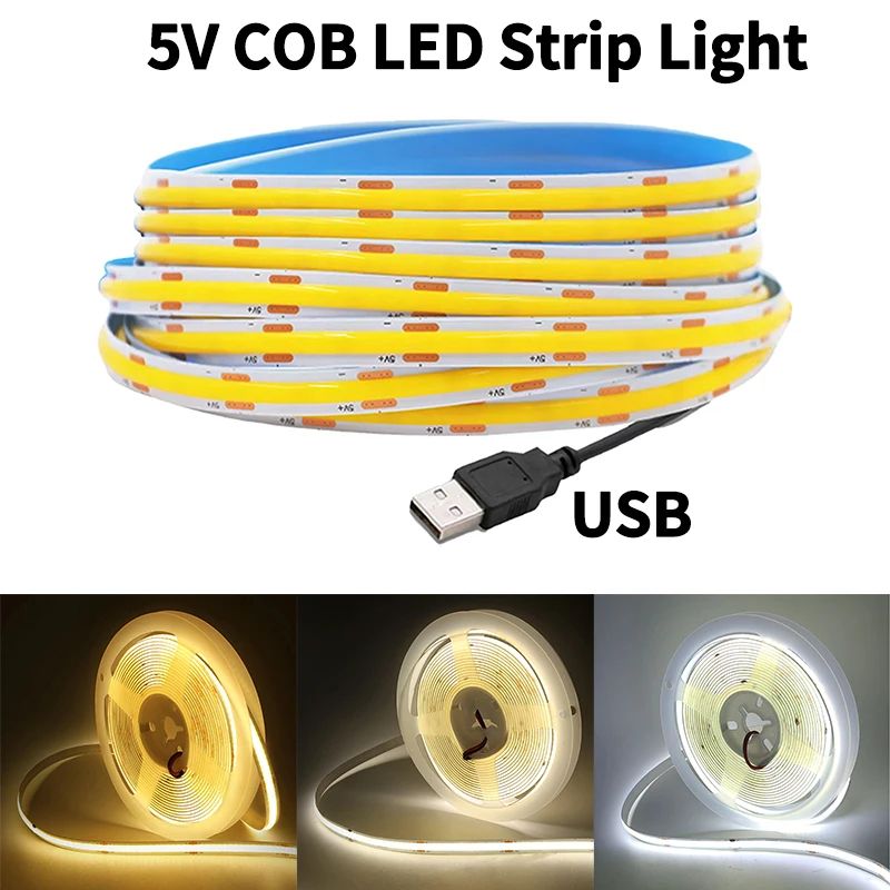 USB COB LED Strip Light 320 LEDsm High Density Flexible Lighting 3000K4000K6000K 0