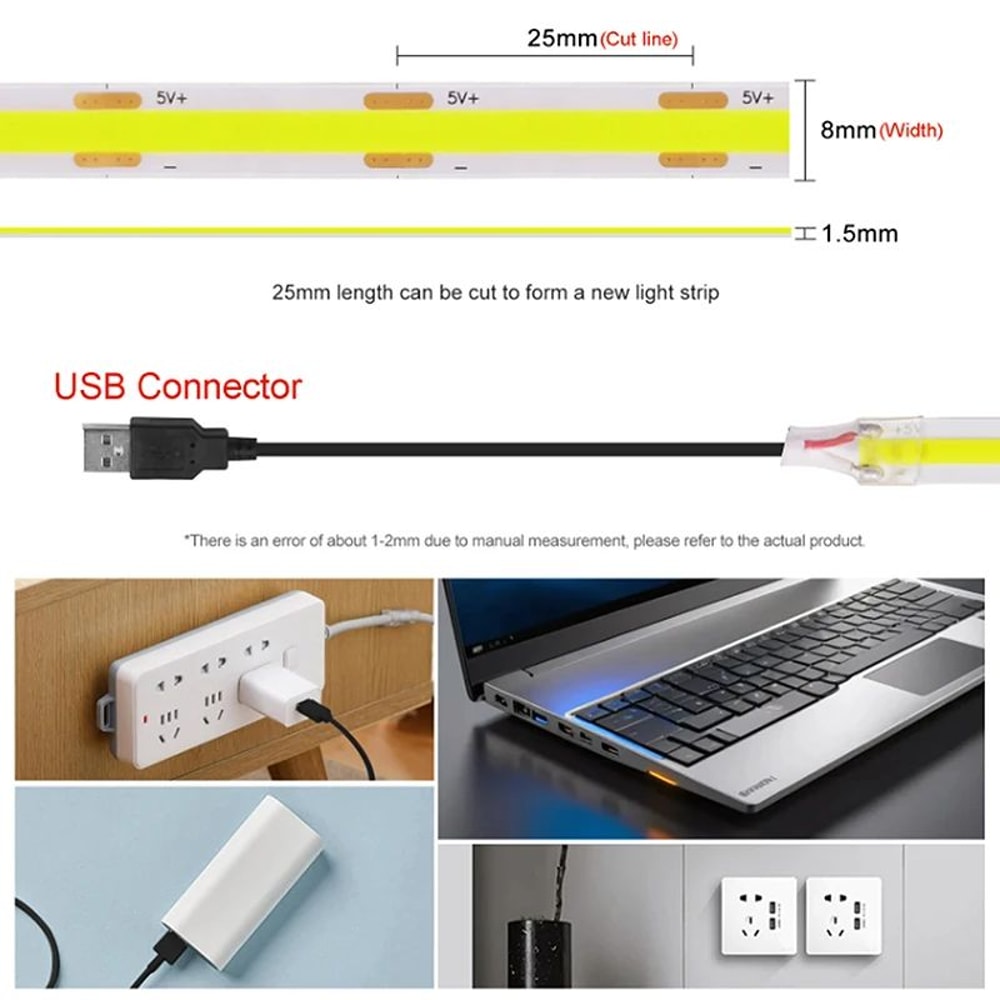 USB COB LED Strip Light 320 LEDsm High Density Flexible Lighting 3000K4000K6000K 3