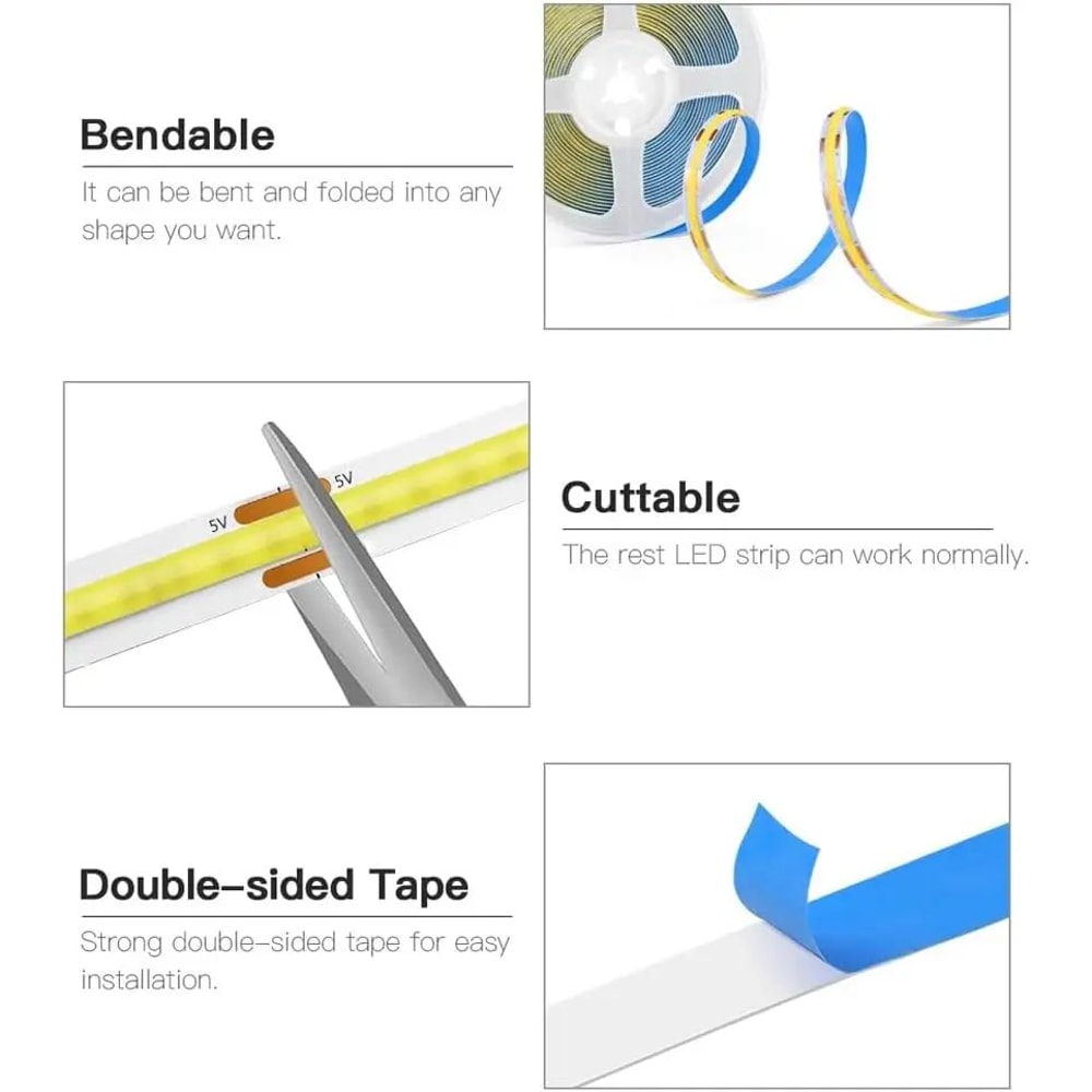 USB COB LED Strip Light With Touch Dimmer Flexible COB LED Tape For TV Mirror Room Backlighting 5 4