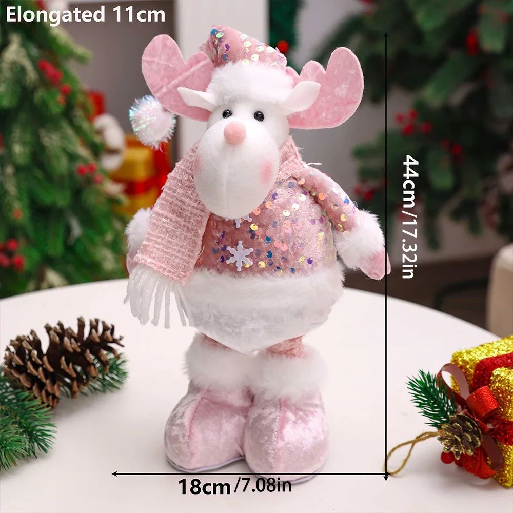 Pink Sequin Telescopic Christmas Doll SantaSnowmanReindeer Plush Tabletop Decor 2