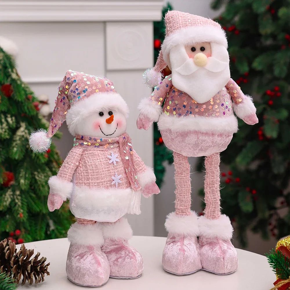 Pink Sequin Telescopic Christmas Doll SantaSnowmanReindeer Plush Tabletop Decor 3
