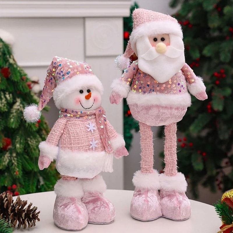 Pink Sequin Telescopic Christmas Doll SantaSnowmanReindeer Plush Tabletop Decor 3