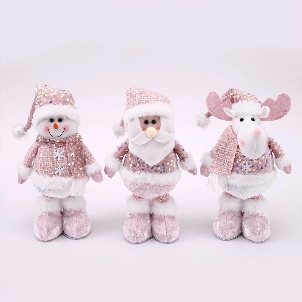 Pink Sequin Telescopic Christmas Doll SantaSnowmanReindeer Plush Tabletop Decor 5