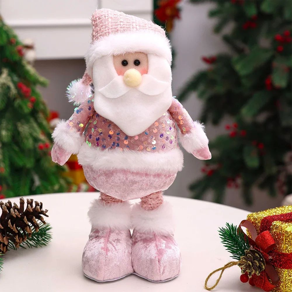 Pink Sequin Telescopic Christmas Doll SantaSnowmanReindeer Plush Tabletop Decor 6