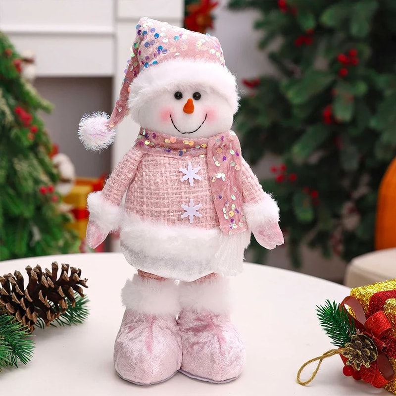 Pink Sequin Telescopic Christmas Doll SantaSnowmanReindeer Plush Tabletop Decor 10
