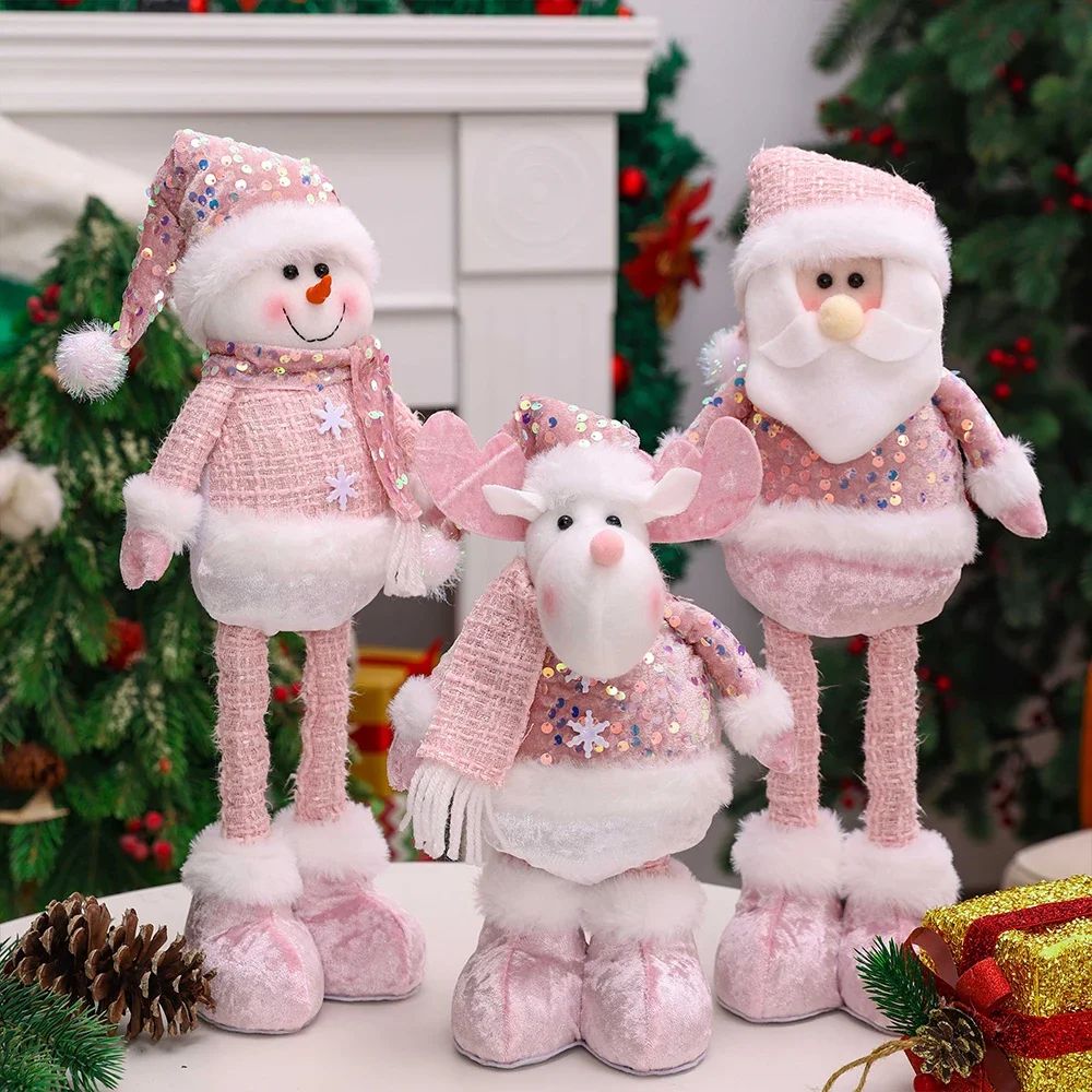 Pink Sequin Telescopic Christmas Doll SantaSnowmanReindeer Plush Tabletop Decor 12