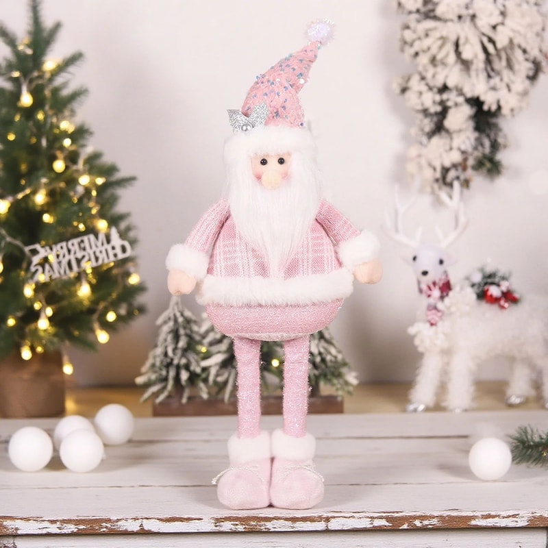 Pink Sequin Telescopic Christmas Doll SantaSnowmanReindeer Plush Tabletop Decor 7