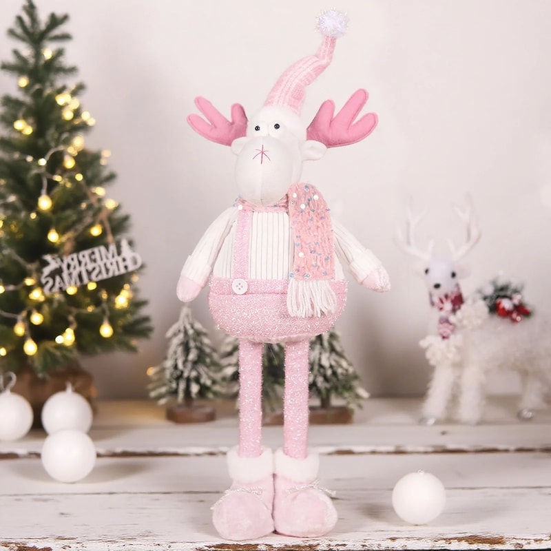 Pink Sequin Telescopic Christmas Doll SantaSnowmanReindeer Plush Tabletop Decor 9