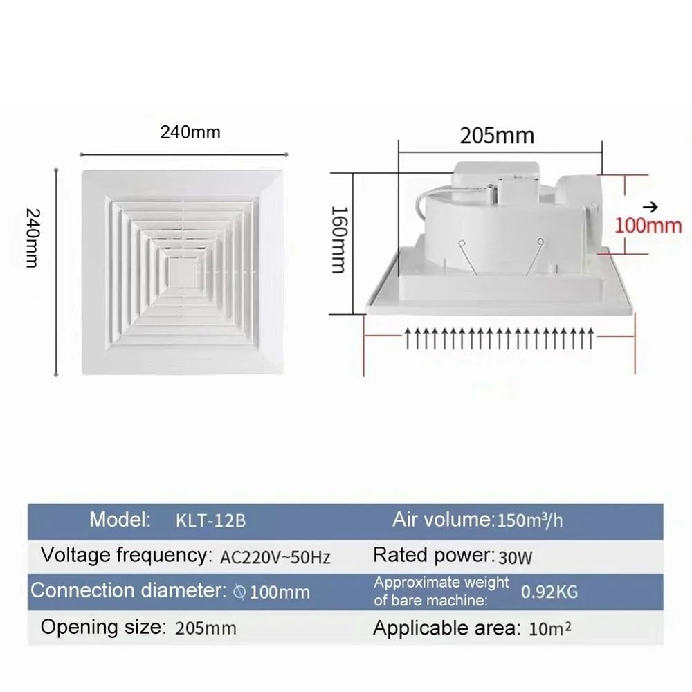 HighCFM Quiet Ceiling Exhaust Fan With Copper Motor For Bathroom Kitchen Ventilation 7