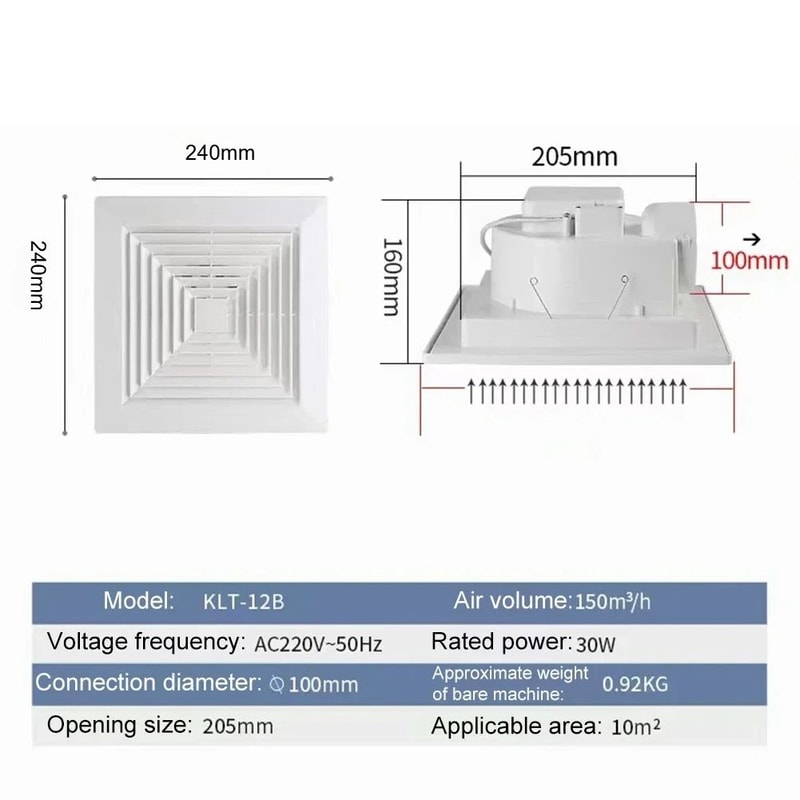 HighCFM Quiet Ceiling Exhaust Fan With Copper Motor For Bathroom Kitchen Ventilation 7