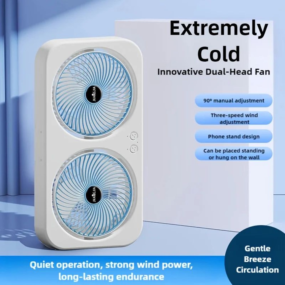 Dual Head USB Fan 360 Rotating Rechargeable Desk Fan With WallMount Or Freestanding Design 1