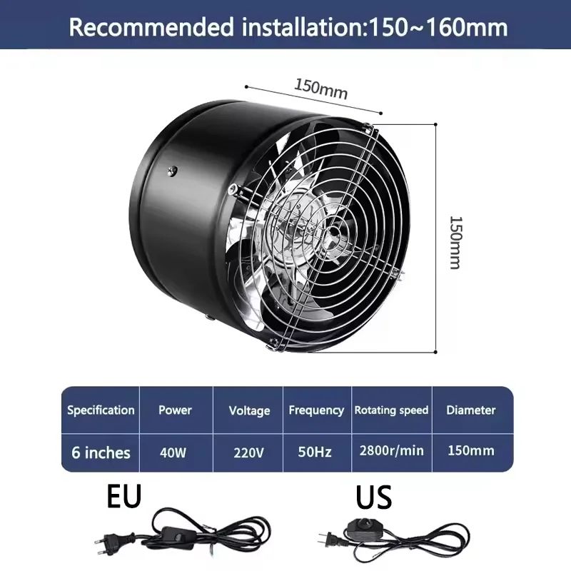 220V Metal Inline Duct Exhaust Fan 46 Inch Quiet Bathroom Ventilation Fan For Moisture Odor Remov 8