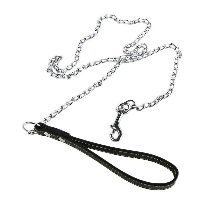 Heavy Duty Metal Chain Dog Leash With Leather Handle ChewProof Strong Dog Lead For Powerful Walks 1