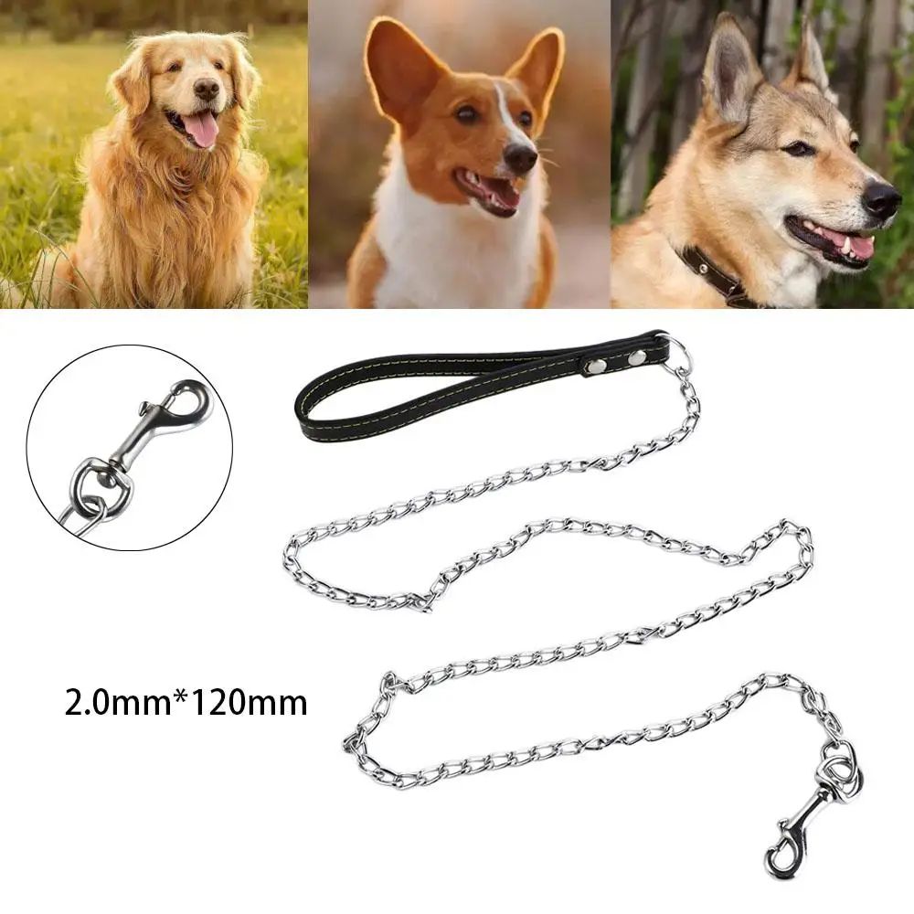 Heavy Duty Metal Chain Dog Leash With Leather Handle ChewProof Strong Dog Lead For Powerful Walks 4