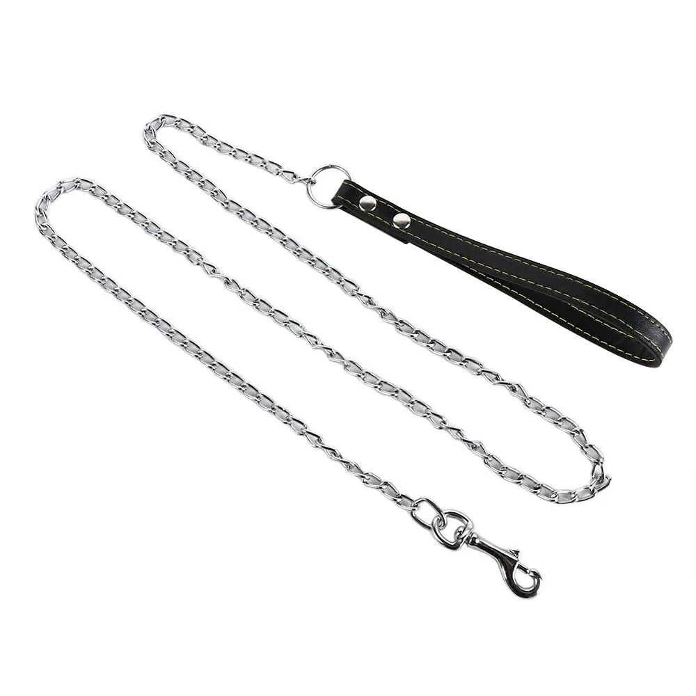 Heavy Duty Metal Chain Dog Leash With Leather Handle ChewProof Strong Dog Lead For Powerful Walks 7
