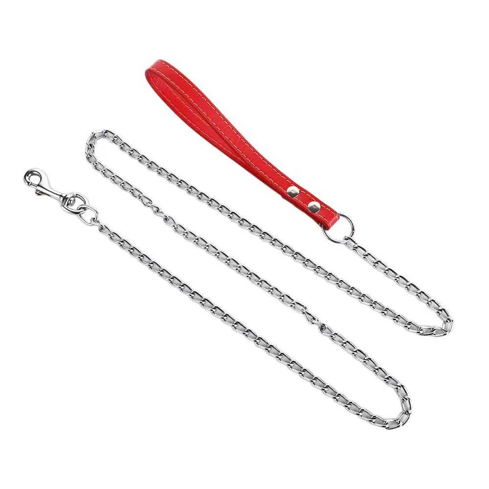 Heavy Duty Metal Chain Dog Leash With Leather Handle ChewProof Strong Dog Lead For Powerful Walks 8