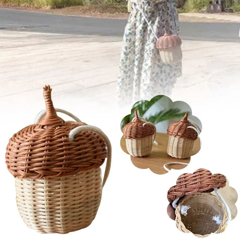 Acorn Rattan Bucket Bag Handwoven Woven Shoulder Bag For Boho Beach Days Cute Storage 0