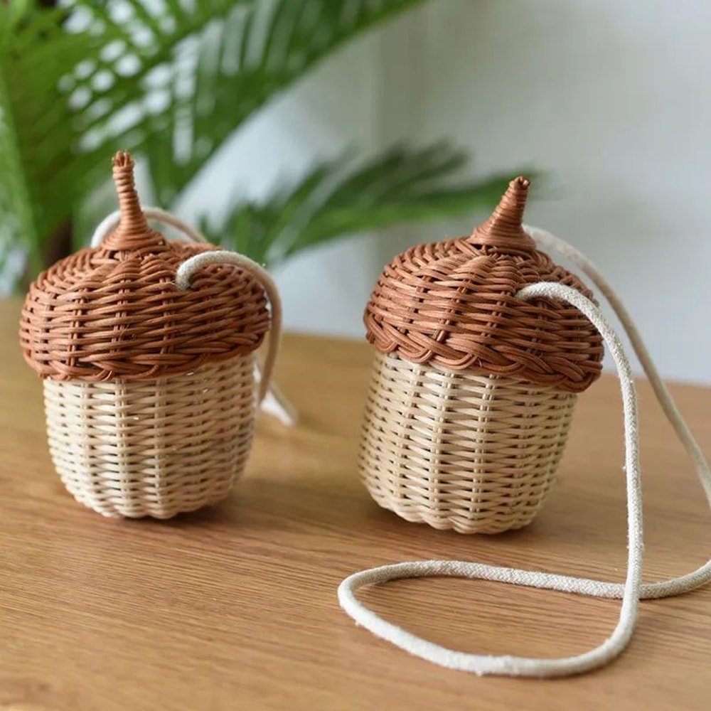 Acorn Rattan Bucket Bag Handwoven Woven Shoulder Bag For Boho Beach Days Cute Storage 1