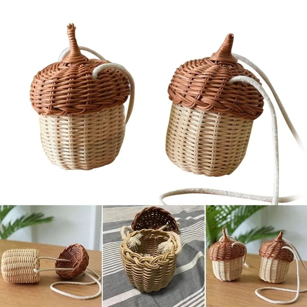 Acorn Rattan Bucket Bag Handwoven Woven Shoulder Bag For Boho Beach Days Cute Storage 2