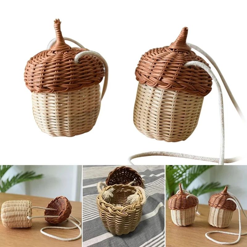 Acorn Rattan Bucket Bag Handwoven Woven Shoulder Bag For Boho Beach Days Cute Storage 2