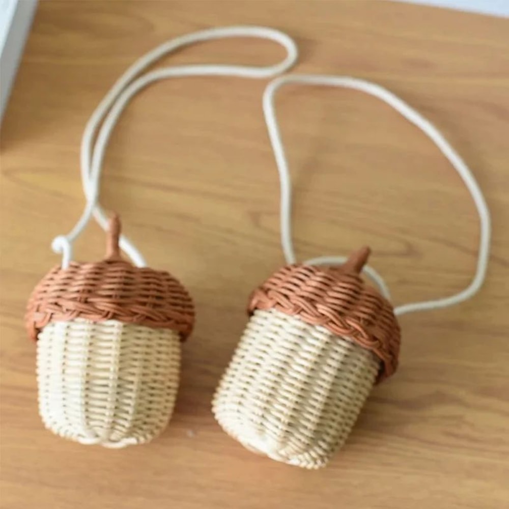 Acorn Rattan Bucket Bag Handwoven Woven Shoulder Bag For Boho Beach Days Cute Storage 3