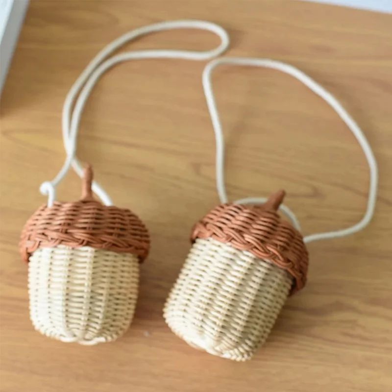 Acorn Rattan Bucket Bag Handwoven Woven Shoulder Bag For Boho Beach Days Cute Storage 3