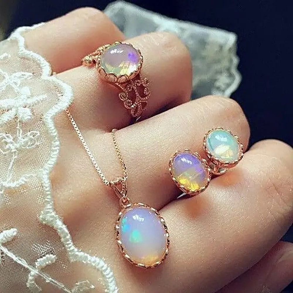 Natural Opal Jewelry Set 3Piece Matching Pendant Necklace Earrings Ring Elegant Gemstone Gift Set 0