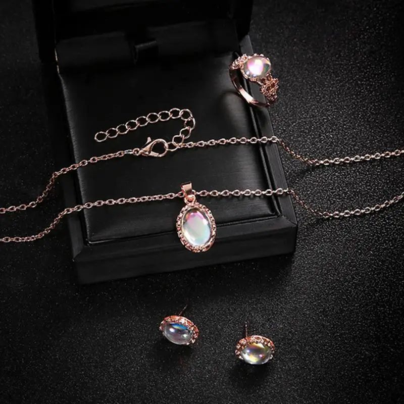 Natural Opal Jewelry Set 3Piece Matching Pendant Necklace Earrings Ring Elegant Gemstone Gift Set 3